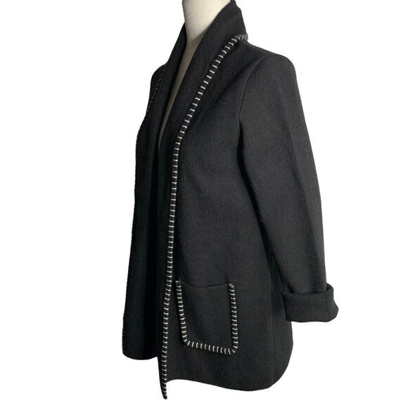 Magaschoni Open Front Cardigan Sweater S Black Knit Pockets Blanket Stitch Trim - Picture 3 of 6